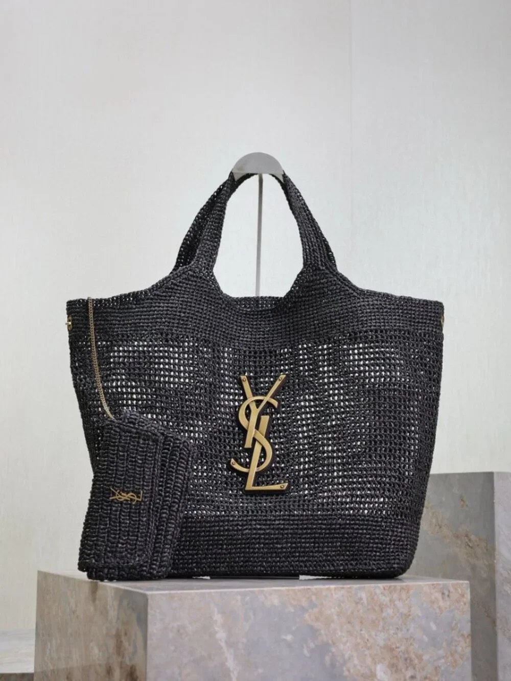 YSL Black Raffia Tote Bag | Detachable Pouch